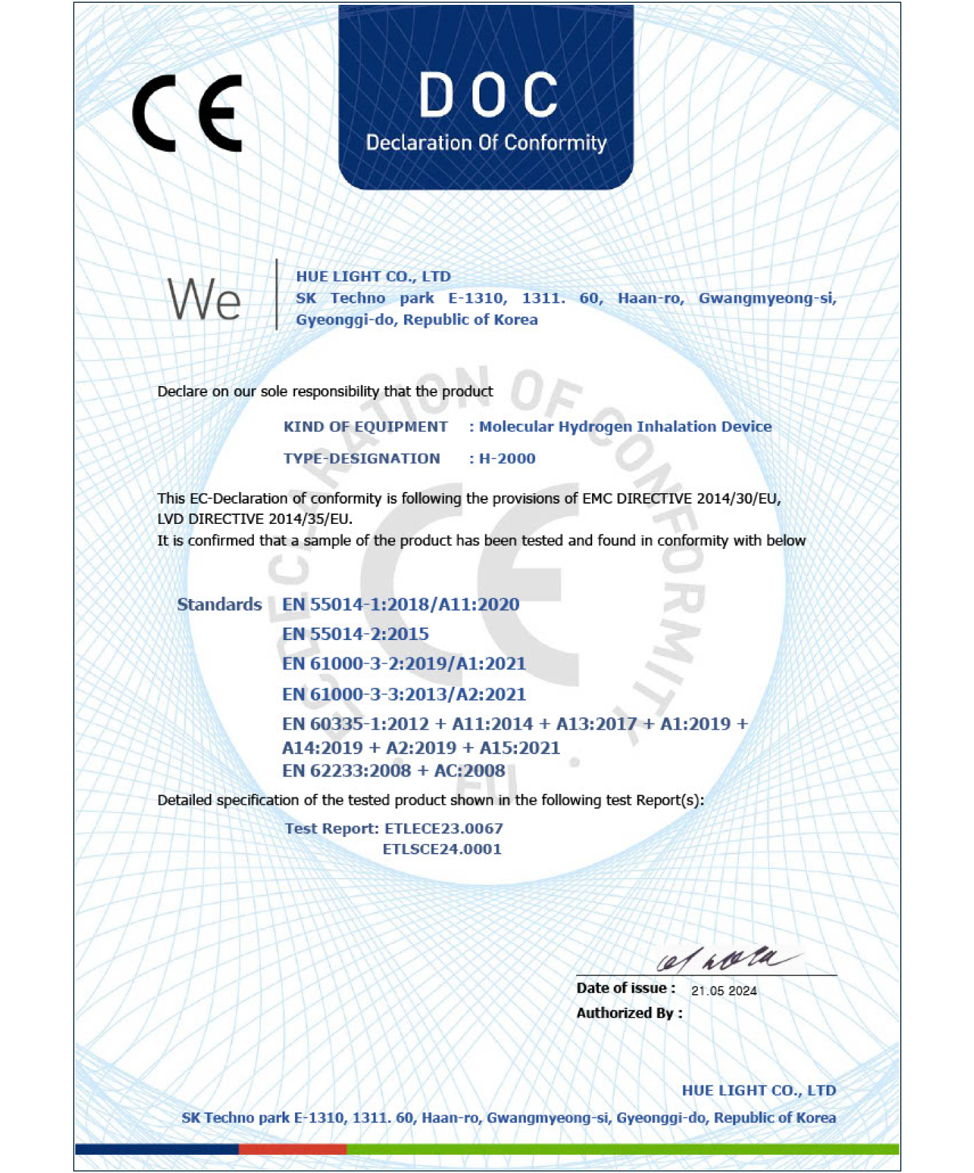 Declaration of Conformity certificate for a Molecular Hydrogen Inhalation Device, listing compliance with EMC and LVD directives and relevant standards